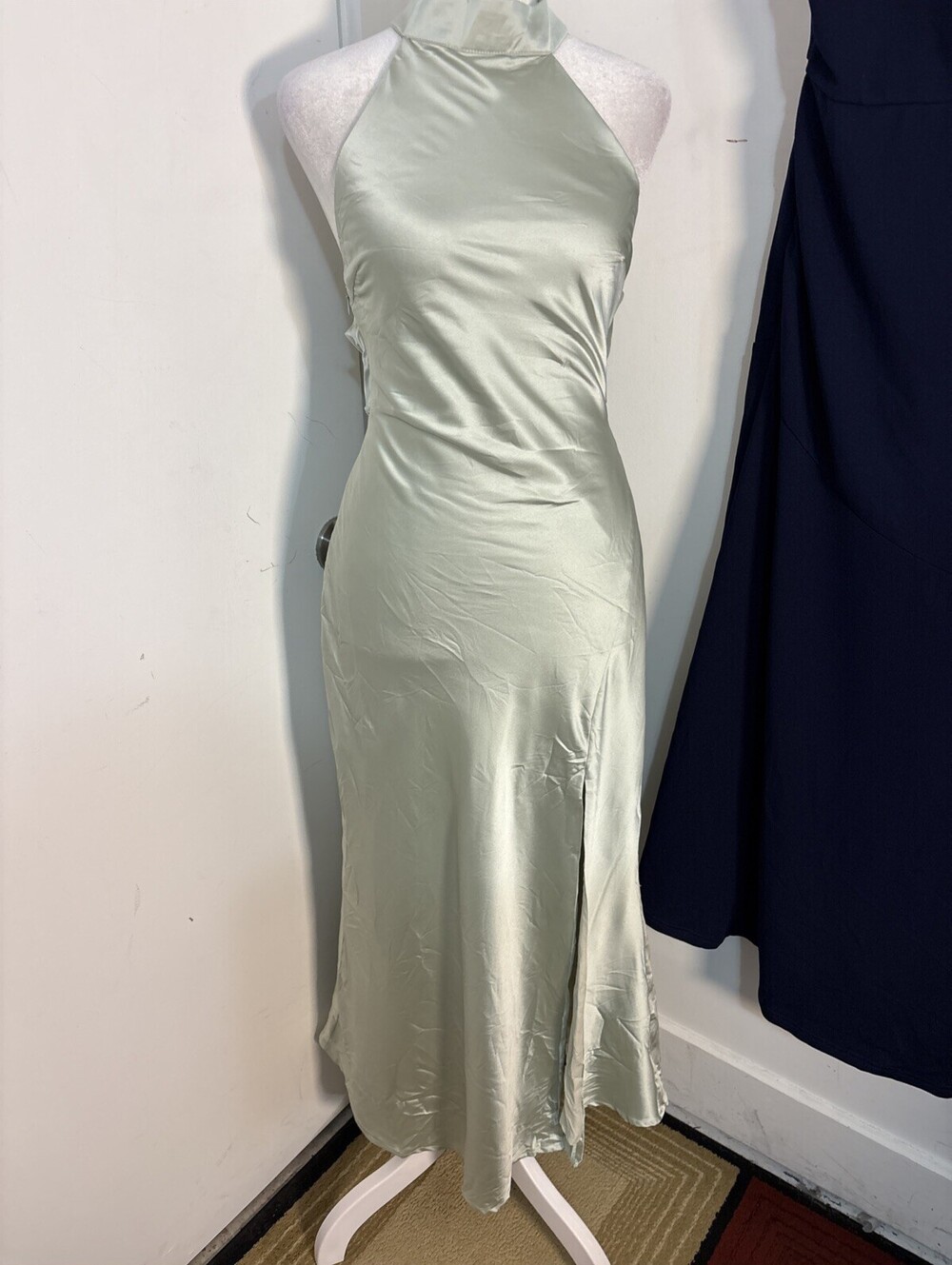 New With Tags Cider Satin Halter Neck Wrap Mermaid Maxi Dress Sage Green XS